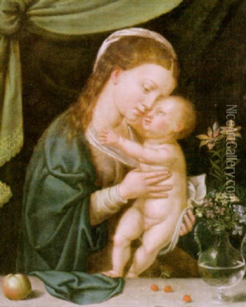 Maria In Halbfigur, Das Stehende Kind Mit Beiden Handen Haltend Oil Painting - Bernaert (Barend) van Orley