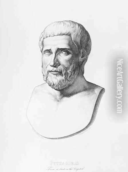 Portrait of Pythagoras c.580-500 BC engraved by B.Barloccini, 1849 Oil Painting - C.C Perkins