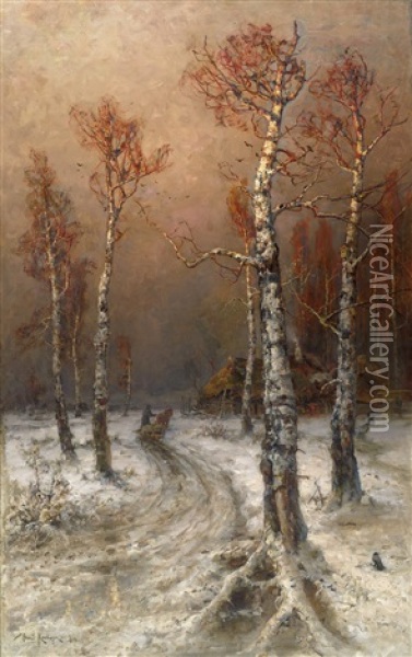 Abendstimmung Uber Einem Verschneiten Birkenwal Oil Painting - Yuliy Yulevich (Julius) Klever