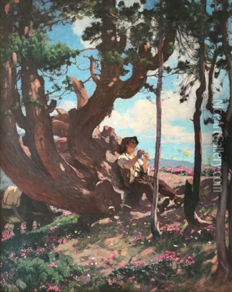 Jeune Berger Jouant De La Flute, Chandolin Oil Painting - Edouard John E. Ravel