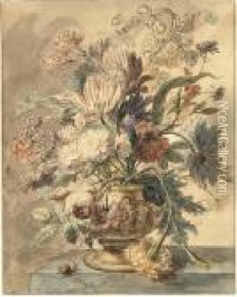 Flowers In A Terracotta Urn On A Marble Ledge, A Snail To The Left Oil Painting - Jan Van Huysum