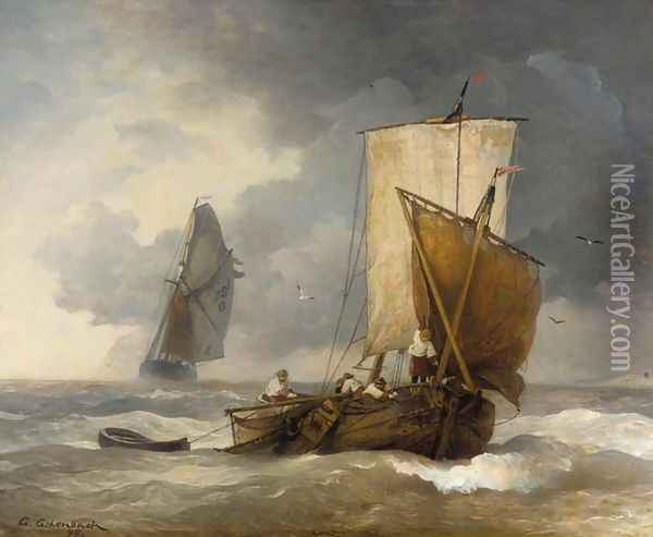 Fishing Boats in Stormy Seas (Fischkutter auf stürmischer See) Oil Painting - Andreas Achenbach