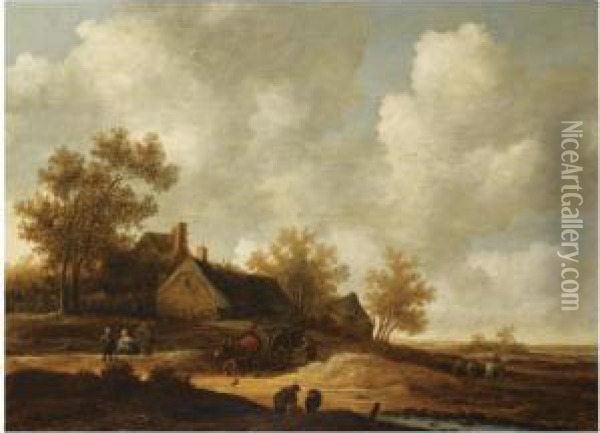 A Dune Landscape With A Farmer With His Horse-drawn Cart, Otherfigures Conversing On A Path Near A Barn Oil Painting - Pieter Symonsz Potter