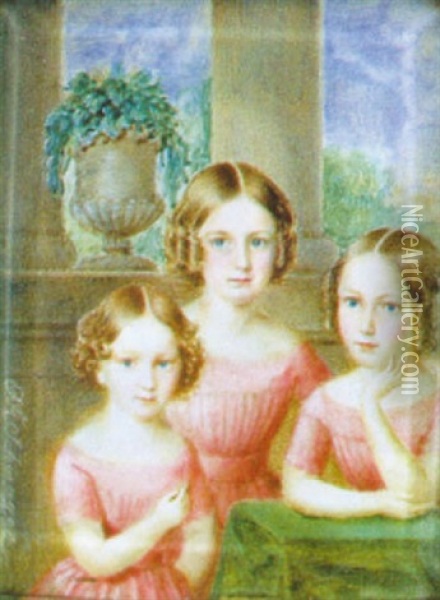Drei Schwestern In Rosa Kleidern Auf Einer Veranda Oil Painting - Richard Schwager