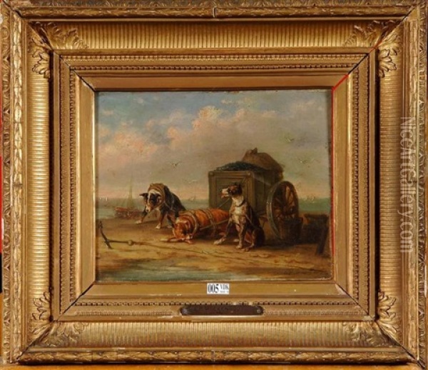 Chiens Tirant La Charette De Moules Sur La Plage Oil Painting - Edouard-Joris Moerenhout