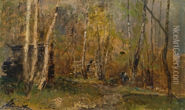 Holzsammlerin Im Birkenwald Bei Hutteldorf Oil Painting - Emil Jacob Schindler