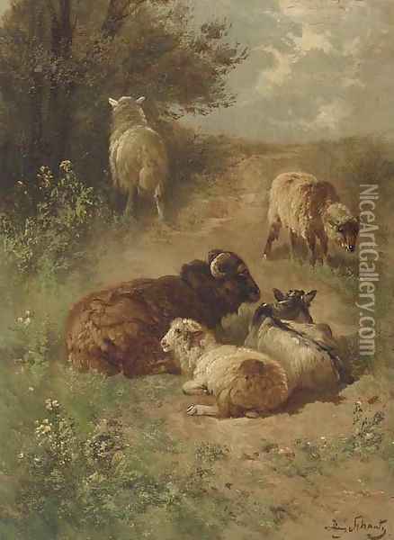 Sheep on a sandy track Oil Painting - Henri Schouten