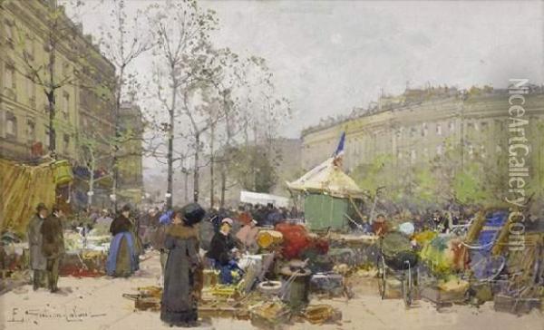 La Foire A La Ferraille, Boulevard Richard Lenoir Oil Painting - Eugene Galien-Laloue