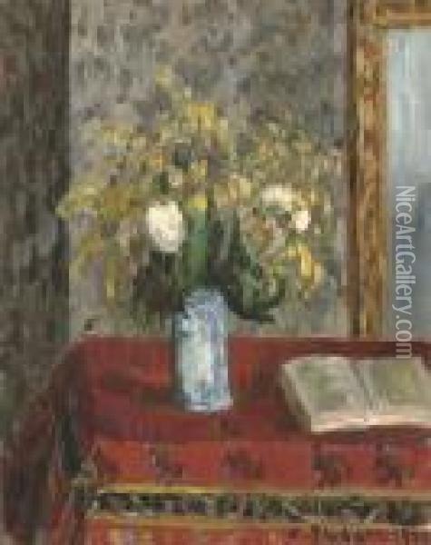 Vase De Fleurs, Tulipes Et Genets Oil Painting - Camille Pissarro