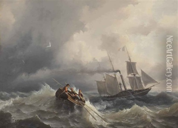 Rowing Towards A French Steam Paddleboat In Stormy Waters Oil Painting - Louis Huard