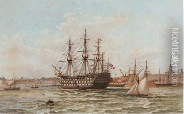 H.m.s. Victory At Her Permanent Mooring In Portsmouth Off The Gunwharf Oil Painting - Henry A. Luscombe