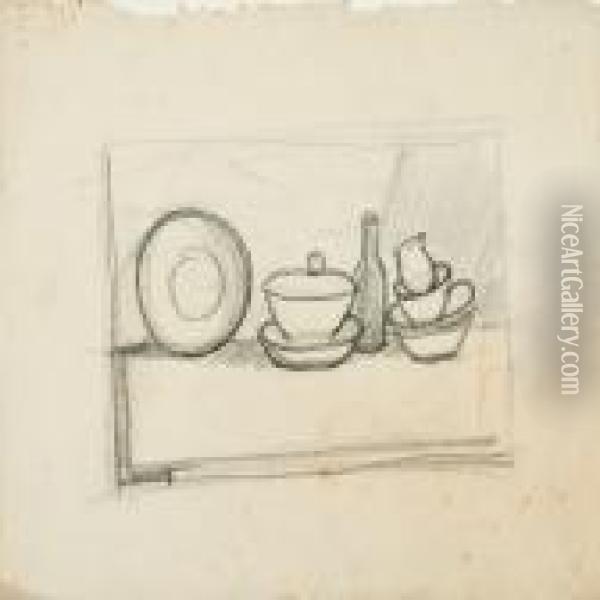 Four Still Lifes, Verso Study Of A Male Model Oil Painting - Vilhelm Lundstrom