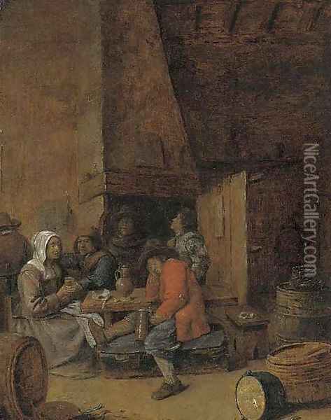 Peasants drinking and smoking in an inn Oil Painting - Joos van Craesbeeck