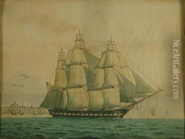 American Three-mastedschooner With Ships And American Harbor In Back Ground Oil Painting - Lucius A. Briggs