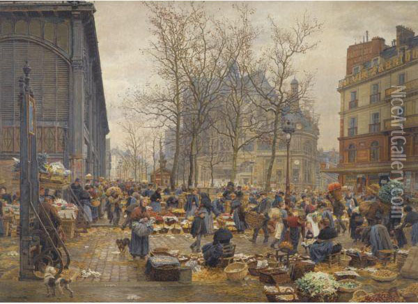 Autumn Market At Les Halles Oil Painting - Marie-Francois-Firmin Girard