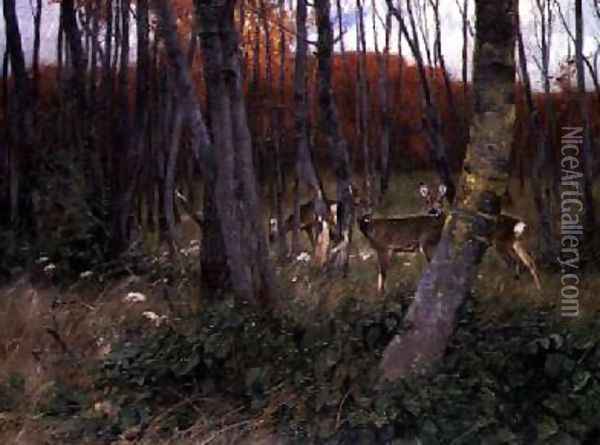 Deer in a Forest Oil Painting - Wilhelm Kuhnert