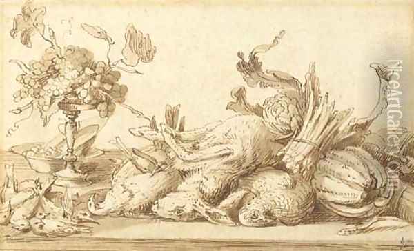 A still life with birds, rabbits and vegetables, with a plate and a tazza with grapes Oil Painting - Frans Snyders