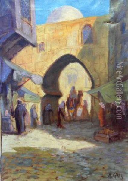 Figures And Camel And Rider In A North African City Street Oil Painting - Antal Grosz