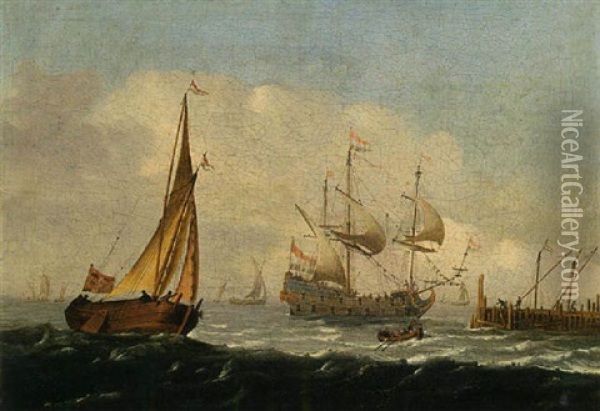 A Merchantman, A Wijdschip And A Bowing Boat In A Breeze Near A Quay Oil Painting - Aernout (Johann Arnold) Smit
