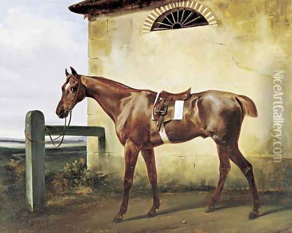 A Saddled Race Horse Tied to a Fence 1828 Oil Painting - Horace Vernet
