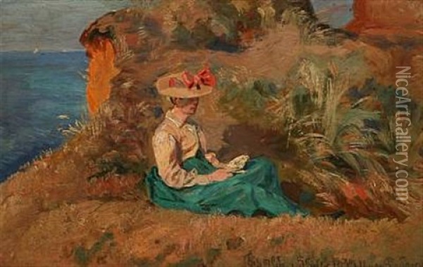 Coastal Scene With A Reading Woman Oil Painting - Viggo Pedersen