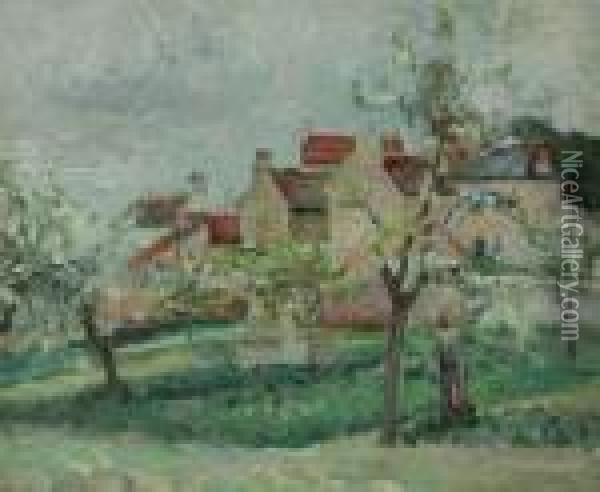 Pruniers En Fleur, Pontoise Oil Painting - Camille Pissarro