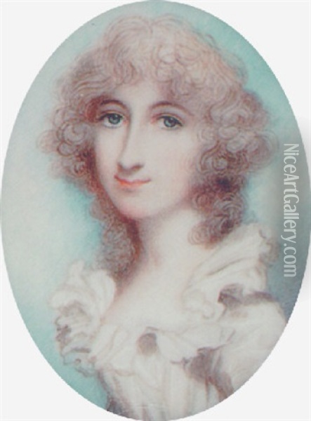 A Fine Portrait Of A Young Lady, With Powdered Hair, Wearing A Decollete White Dress With Frilled Collar Oil Painting - Andrew Plimer