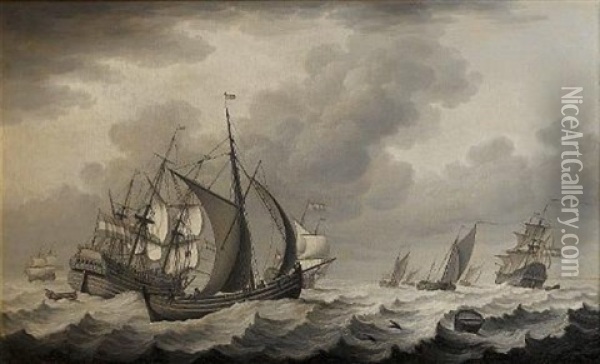 Dutch Merchantmen And Smaller Coastal Craft In A Heavy Swell Oil Painting - John Cleveley