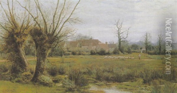 Herding Sheep Past A Hamlet Oil Painting - Alfred Robert Quinton