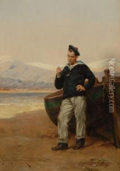 A Sailor Leaning Against A Beached Boat, Smoking A Pipe Oil Painting - Etienne Prosper Berne-Bellecour