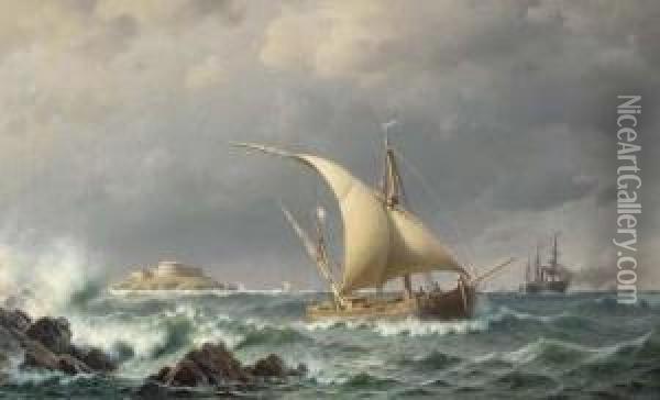 Latvian Coastal Craft And A 
Paddle Steamer In The Bay Of Riga, Witha Fortified Island Beyond Oil Painting - Christian Eckardt