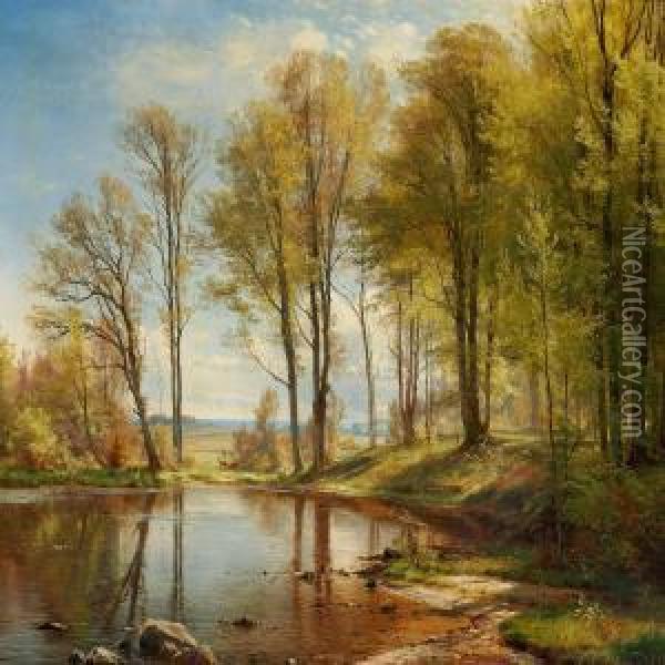 Tall Trees At A Lake In The Woods, With A View To The Sea Oil Painting - Carl Frederick Aagaard