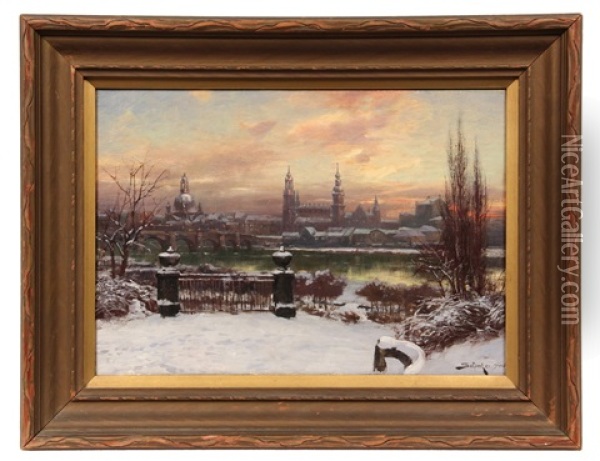 Dresden, Elba River In Winter Oil Painting - Jacques Matthias Schenker