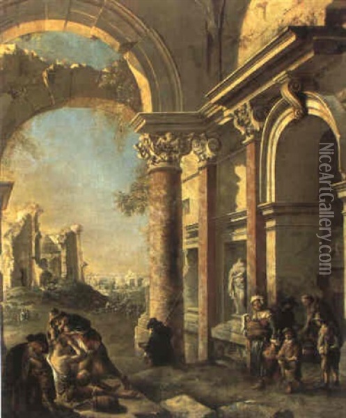 Italienische Ruienenlandschaften Mit Figuren Und  Gegenstuecke Oil Painting - Jan Griffier the Elder