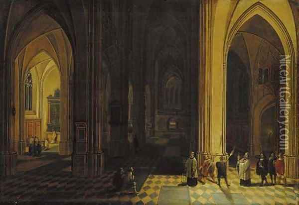 The interior of a Gothic cathedral at night with a procession in the foreground Oil Painting - Peeter, the Younger Neeffs