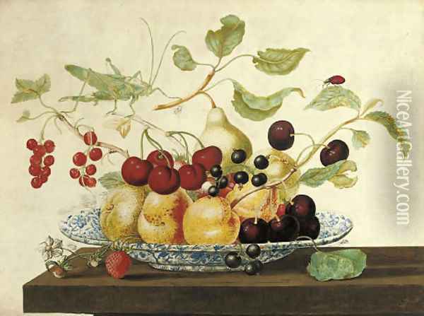 Still life with a grasshoper and a ladybug perched on branches arranged in a Delft bowl Oil Painting - Johanna Helena Herolt Graff