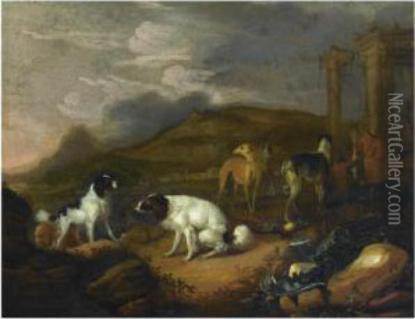A Southern Landscape With Three 
Spaniels And Other Hounds, Twohuntsmen With A Dead Hare In The 
Background, Near Classicalruins Oil Painting - Adriaen Cornelisz. Beeldemaker