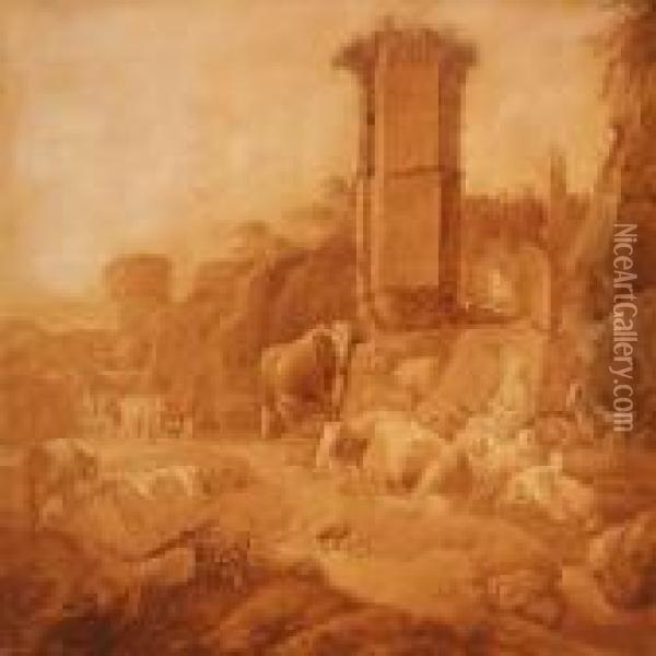 Shepherd And Shepherdess With Cattle And Goats By A Classic Ruin Oil Painting - Johan Heinrich Roos