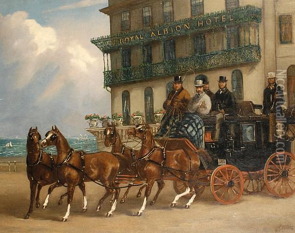 The London And Brighton Coach Before The Royalalbion Hotel, Brighton Oil Painting - Herbert Jones