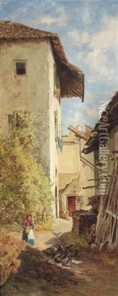 Bauerin Im Hof Eines Sudlichen Landguts (+ Jager An Der Treppe Eines Sudlichen Schlosses; Pair) Oil Painting - Eduard Ameseder