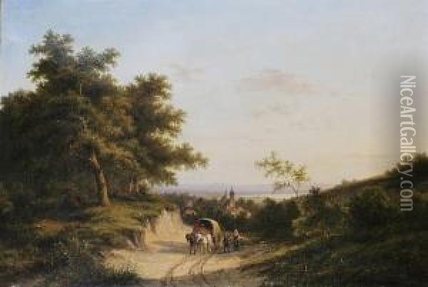 Figures And Horse Drawn Cart In 
An Extensive Landscape, A Town And Lake Beyond; Figures And Pack-horses 
In An Extensive Landscape, A Windmill And Town Beyond Both 'j. E. 
Morel' Oil Painting - Jan Evert Morel