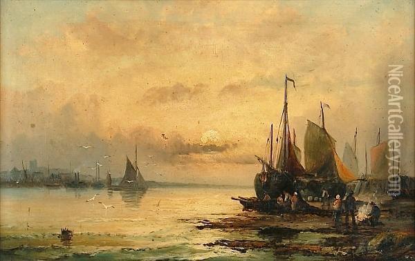 Vessels And A Hulk At Anchor, Sunset Oil Painting - William A. Thornley Or Thornber