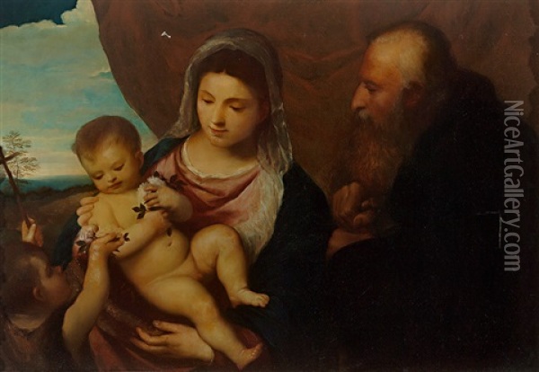 Hl. Familie Mit Johannesknabe Vor Baldachin Und Landschaftsdurchblick (after Tizian) Oil Painting - Jakob Meier