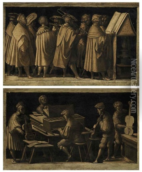 A Procession Of Musicians (+ A Multifold Chamber Organ Player Accompanying A Trio Of Viol Players; Pair) Oil Painting - Amico Aspertini
