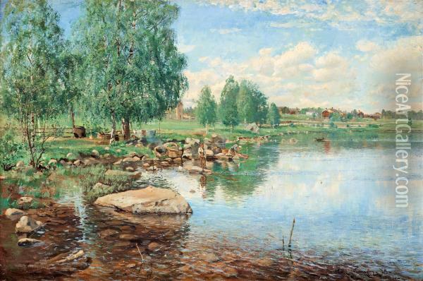 Landscape With Anglingboy Oil Painting - Carl August Johansson