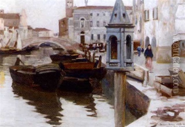 A Venetian Canal With Figures On The Quay Oil Painting - Pietro Bianco Bortoluzzi