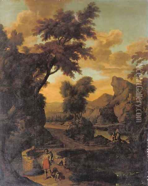 A wooded river landscape with a hunter in classical dress crossing a bridge, mountains beyond Oil Painting - Abraham Genoels