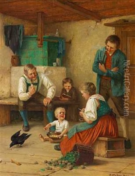 Interior Med En Bondefamilie. Et Lille Barn Forstyrres I Sin Middag Af En Sort Ravn Oil Painting - Theodor Kleehaas