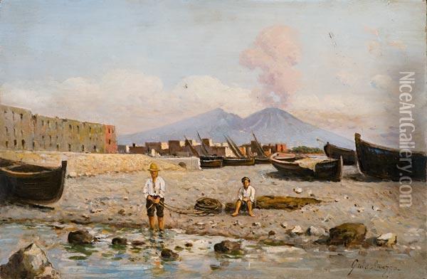 Spiaggia Isolana Con Barche In Secca, Pescatori E Vista Del Vesuvio Oil Painting - Giuseppe Laezza