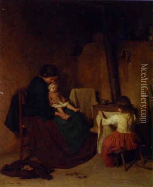A Mother And Children In A Kitchen Interior Oil Painting - Pierre Edouard Frere